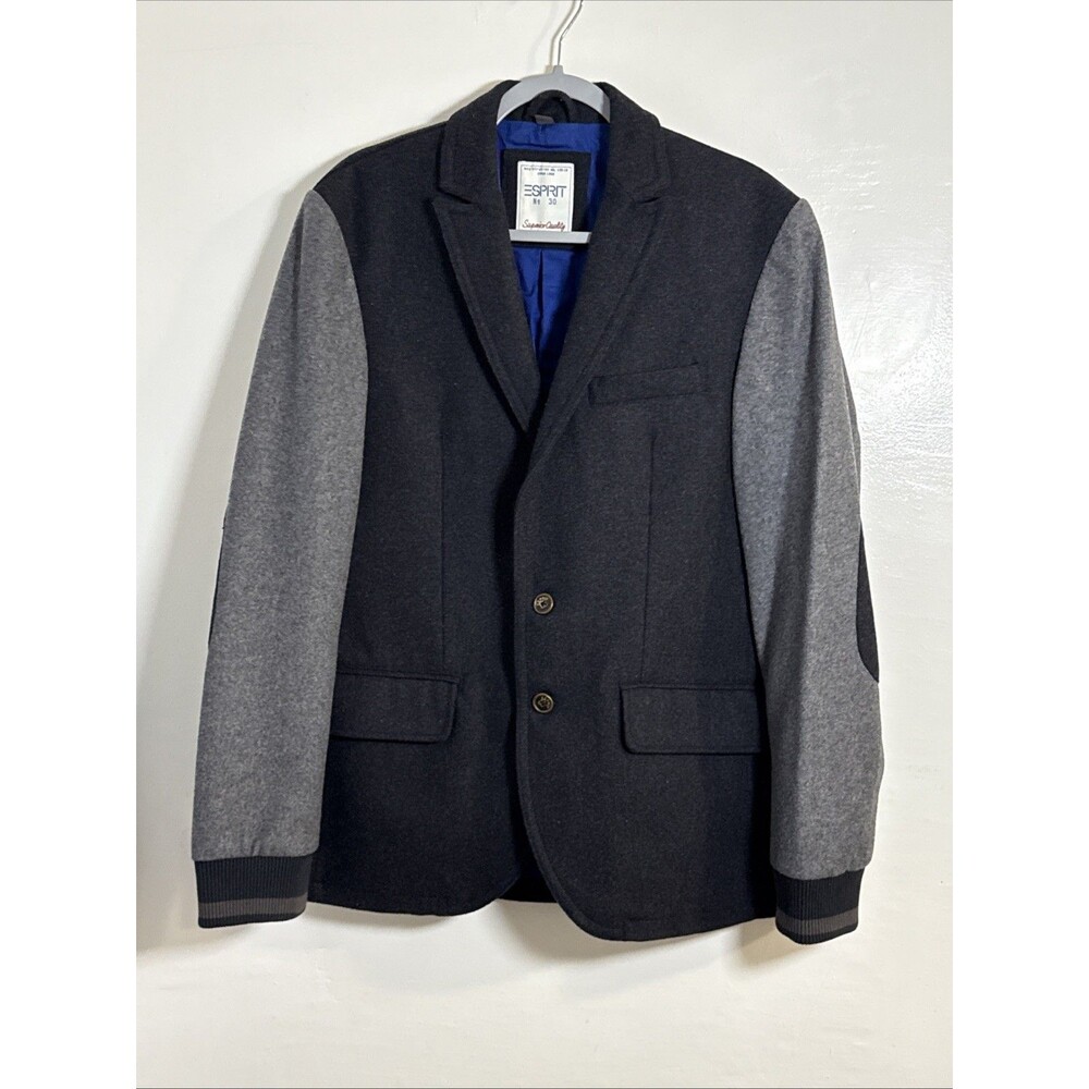 ESPRIT MEN’S Grey 2-Tone Wool Blend Blazer With Elbow Patch Size L